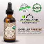 US Organic Sesame Seed Oil, Certified Organic, Untoasted, Unrefined Virgin, Pure & Natural, Cold Pressed, in Amber Glass Bottle w/Glass Eyedropper, Sourced from Mexico (2 oz (Small))