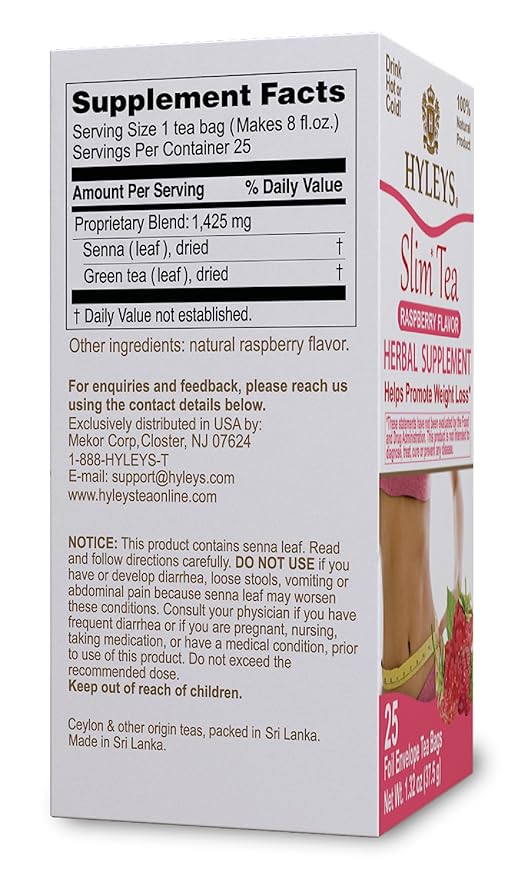 Hyleys Slim Tea Raspberry Flavor - Weight Loss Herbal Supplement Cleanse and Detox - 25 Tea Bags (6 Pack)