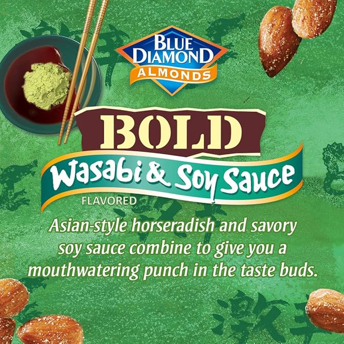 Blue Diamond Almonds,Bold Wasabi & Soy Sauce Flavored Snack Nuts,Bulk Bag,Pantry Staple,GMO-Free,Great for Parties,Lunch,Events,Holiday,and Healthy Snacking,25 Oz Resealable Bag,(Pack of 2)