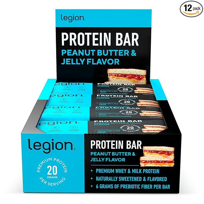 Legion Protein Bar Peanut Butter Jelly - 100% Whey Protein, Soy Free Protein Bars with Prebiotic Fiber - Low Fat Healthy Protein Bar - Gluten Free, Naturally Flavored, Low Sugar Protein Bars (12 Count)
