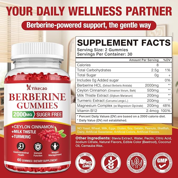 2 Pack Berberine Gummies with Ceylon Cinnamon, 2000mg Berberine HCL Supplement for Women & Men, Sugar Free, Vegan, Non-GMO, Gluten-Free, Raspberry Flavor-120 Count