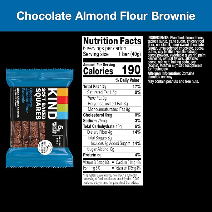KIND Soft Baked Squares, Chocolate Almond Flour Brownie, Healthy Snack Bars, Gluten Free, 5g Protein, 6 Count (Pack of 2)