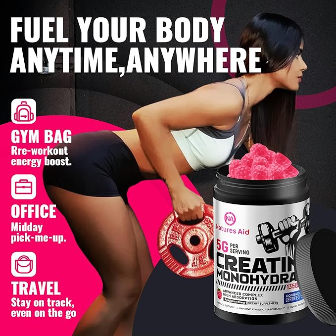 Natures Aid NSF Certified Creatine Gummy 5g - Creatine Monohydrate Gummies – Pre-Workout Energy & Muscle Growth Support for Men & Women | Raspberry Electrolyte Gummies (135 Count)