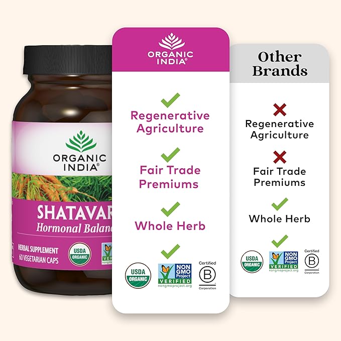 ORGANIC INDIA Shatavari Capsules - Herbal Supplement, Supports Hormonal Balance & Immune System, Vegan, Gluten-Free, USDA Organic, Supports Reproductive Health - 60 Capsules