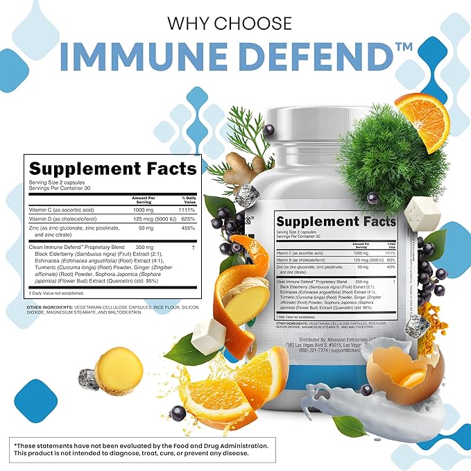 Immune Defense Support Supplement 8 in 1 w/ Zinc 50mg Quercetin, Vit C 1000mg, Vitamin D3 5000 IU, Elderberry, Turmeric Curcumin, Ginger, Echinacea - Immunity System Booster Adults Vegan - 60Ct (2)
