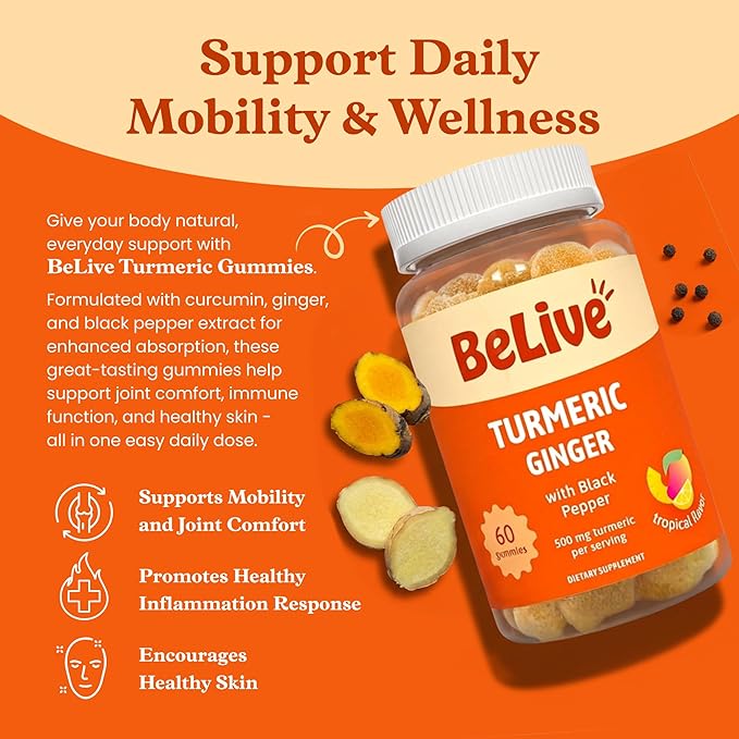 BeLive Turmeric and Ginger Gummies - 500mg - Joint and Mobility Support Supplement - Curcumin with Black Pepper for Enhanced Absorption - Gluten Free and Vegan - Tropical Flavor - 60 Count