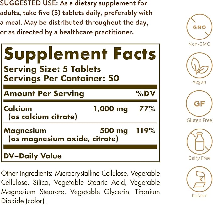 Solgar Calcium Magnesium Citrate, 250 Tablets - Supports Healthy Bones & Teeth - Musculoskeletal & Nervous System Support - Highly Absorbable - Non-GMO and Vegan - 50 Servings