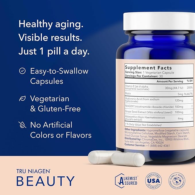 TRU NIAGEN BEAUTY NAD+ for Hair, Skin & Nails | Contains Niagen®, Astaxanthin, Hyaluronic Acid, Biotin | Supports Skin Elasticity & Moisture Retention | Daily Supplements for Men & Women | 30 Servings