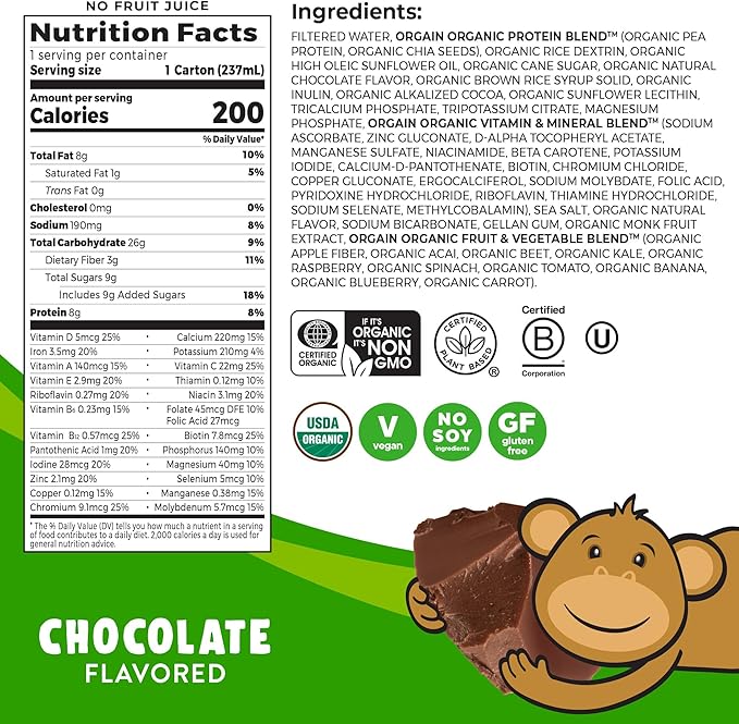 Orgain Organic Kids Nutritional Vegan Protein Shake,Chocolate - Healthy Kids Snacks,8g Plant Protein,23 Vitamins & Minerals,3g Fiber,No Dairy & Soy,Non-GMO,8 Fl Oz Package May Vary,(Pack of 24)