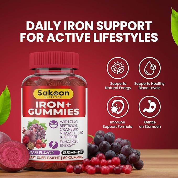 Sakoon Nutrition Iron Gummies for Women & Men | 60 Count Sugar Free Grape Flavour Vegan Iron Gummies with Vitamin C, B12 & Zinc | Support for Bones Strength, Energy & Blood Health | 2Count Per Serving