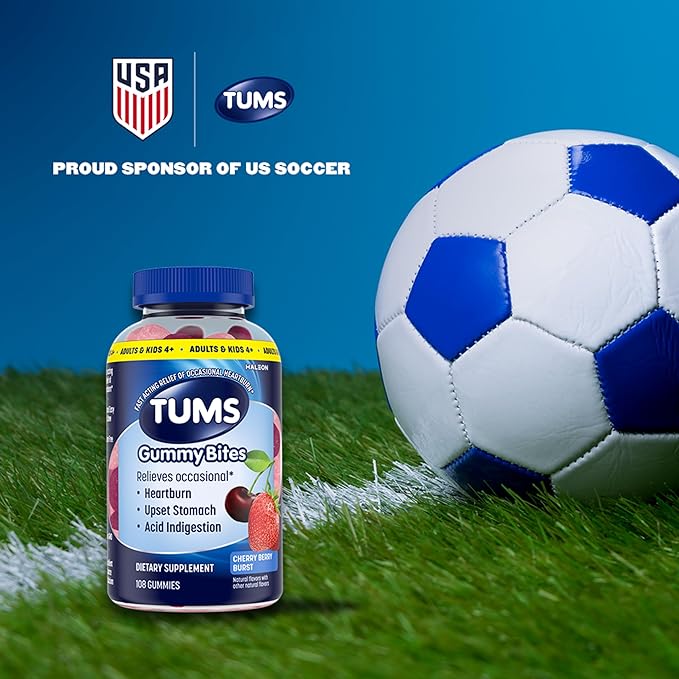 TUMS Gummy Bites Dietary Supplement for Occasional Heartburn Relief, Upset Stomach and Acid Indigestion, Cherry Berry Burst - 108 Count