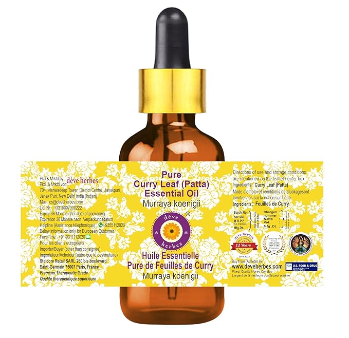 Deve Herbes Pure Curry Leaf (Patta) Essential Oil (Murraya koenigii) with Glass Dropper Steam Distilled 15ml (0.50 oz)