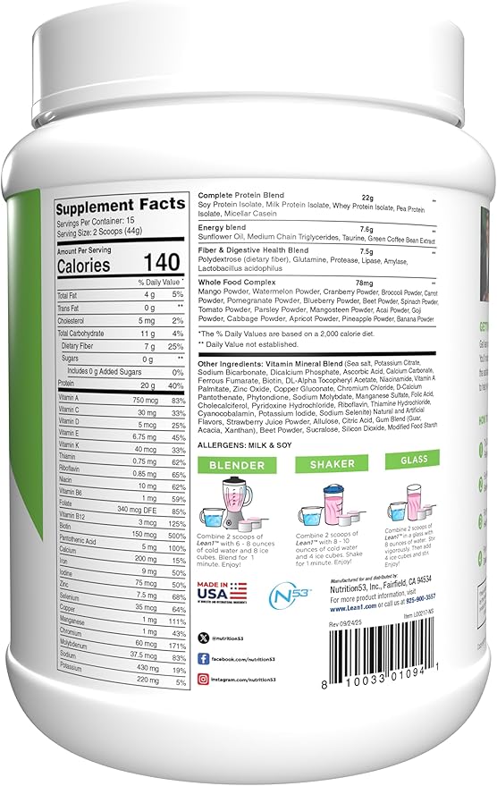 Lean1 Meal Replacement Protein Shake, Strawberry Flavor, 15 Serving Tub