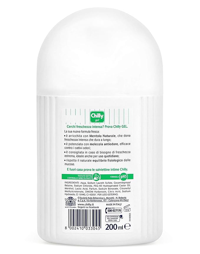 Chilly:"Formula Fresca" ("Fresh Formula") Gel Intimate Cleanser 6.76 Fluid Ounce (200ml) Package [ Italian Import ]