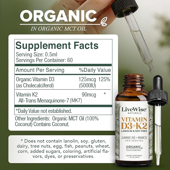 Live Wise Naturals Vegan D3 K2 Vitamin 5000 IU, 90 MCG (MK-7) Drops - 60 Servings, Ultra Concentrated Formulation, and Fast Absorption - Precision Micro-Dosing Dropper for Cognitive & Immune Support