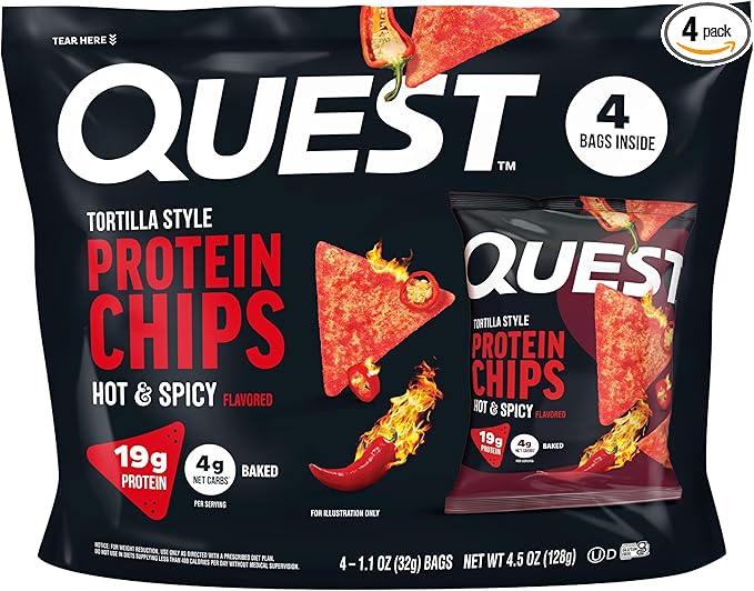 Quest Nutrition Tortilla Style Protein Chips, Hot & Spicy, 19g of Protein, 4g Net Carbs, High Protein, Gluten Free, 1.1 Ounce, 4 count