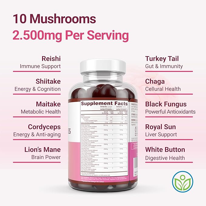 World's First Mushroom Complex Gummies with Lions Mane, Immune Support & Stress Relief, Nootropic Mushroom Supplement for Adults & Children (90 Chews 2500mg/serving)