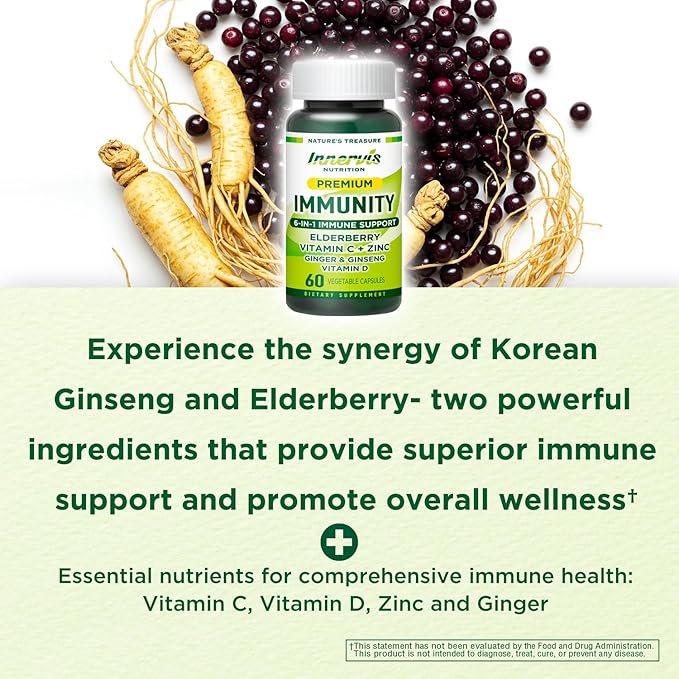 Immune Support 6-in-1 – Elderberry, Ginger, Korean Ginseng, Vitamin C 500mg, D3 2500IU, Zinc | Vegan Capsules – 1 Month Supply | Innervis Nutrition