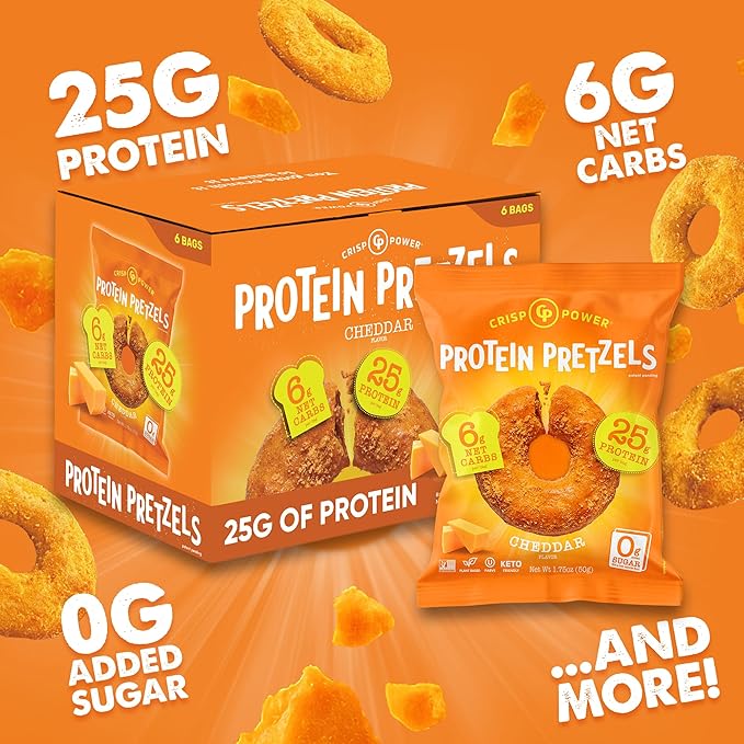 CRISP POWER Protein Pretzels, NEW Cheddar, 25G Protein, High Protein Snack, High Fiber, Low Carb Crunchy Pretzel Snacks, No Added Sugar, 1.75 oz Bags, 6 Pack, Vegan, Keto