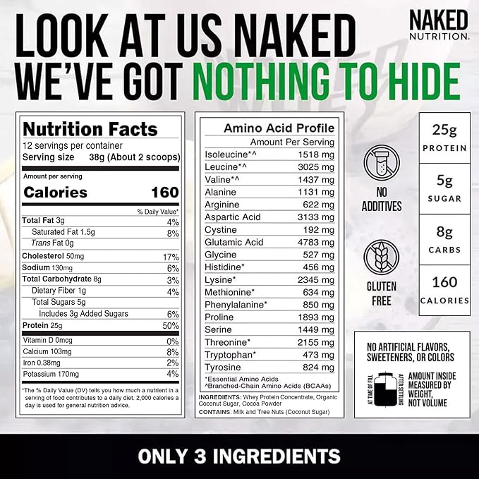 NAKED Chocolate Whey 1LB - All Natural Grass Fed Whey Protein Powder, Organic Cacao, and Coconut Sugar - NSF Certified, No GMO, No Soy, and Gluten Free, Aid Growth and Recovery - 12 Servings