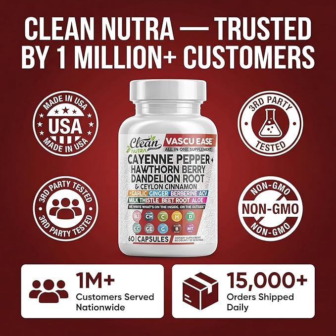 Clean Nutra Cayenne Pepper Capsules Supplement with Hawthorn Berry, Dandelion Root, Ceylon Cinnamon, Garlic, Ginger, Berberine, Apple Cider Vinegar, Milk Thistle, Beet Root, Aloe Vera Pills & More