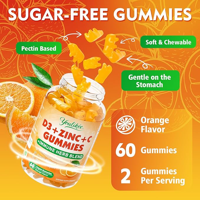 Vitamin C + D3 + Zinc Gummies for Adults, Immune Support Supplement with Elderberry, Echinacea & Mullein Leaf - Antioxidant Support, Sugar Free, Orange Flavor, 60 Count