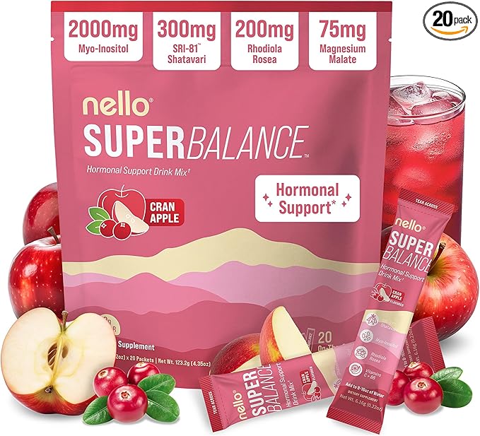Nello Superbalance Hormonal Support Drink Mix, SRI-81 Shatavari, Myo-Inositol, Rhodiola Rosea, Vitamin C, Magnesium, Theobromine, Cran Apple (Pack of 20)