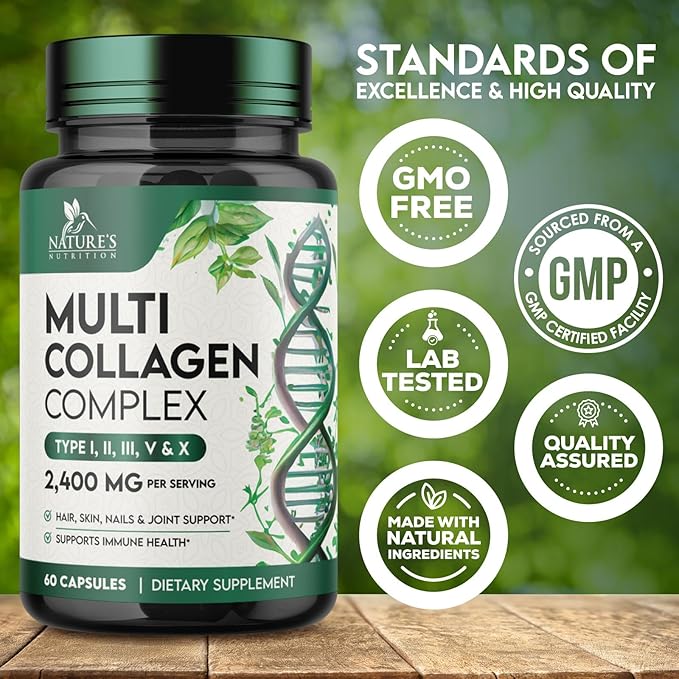 Multi Collagen 2400mg Per Serving - Advanced Formula Types I, II, III, V, X - Hydrolyzed Multi Collagen Pills - Collagen Peptides Supplement for Women & Men - Hair, Skin, & Nail Support - 60 Capsules