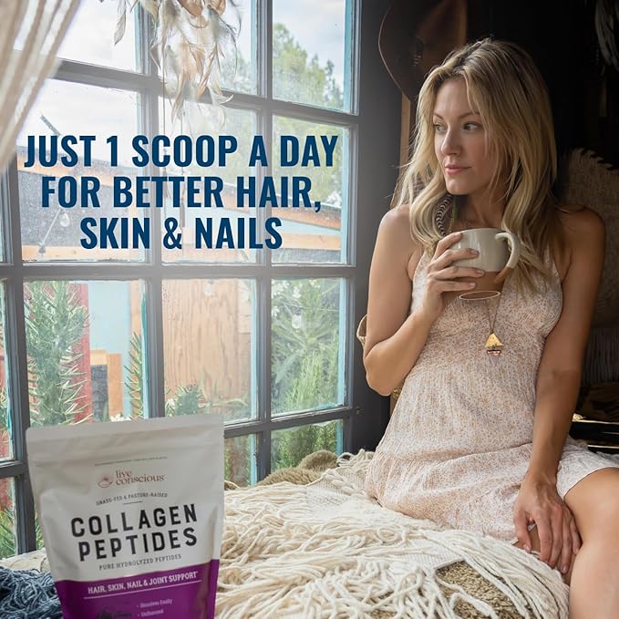 Live Conscious Collagen Peptides Powder - Hair, Skin, Nail, and Joint Support - Type I & III Collagen - Naturally-Sourced Hydrolyzed Protein - 16oz (2-Pack)