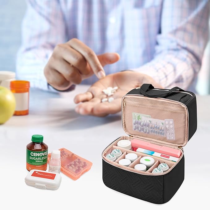 Damero Double Layers Pill Bottle Organizer Empty, Lockable Medicine Storage Bag Medication Travel Bag with 4 Customized Dividers for Prescription Bottles, Medical Supplements,Black