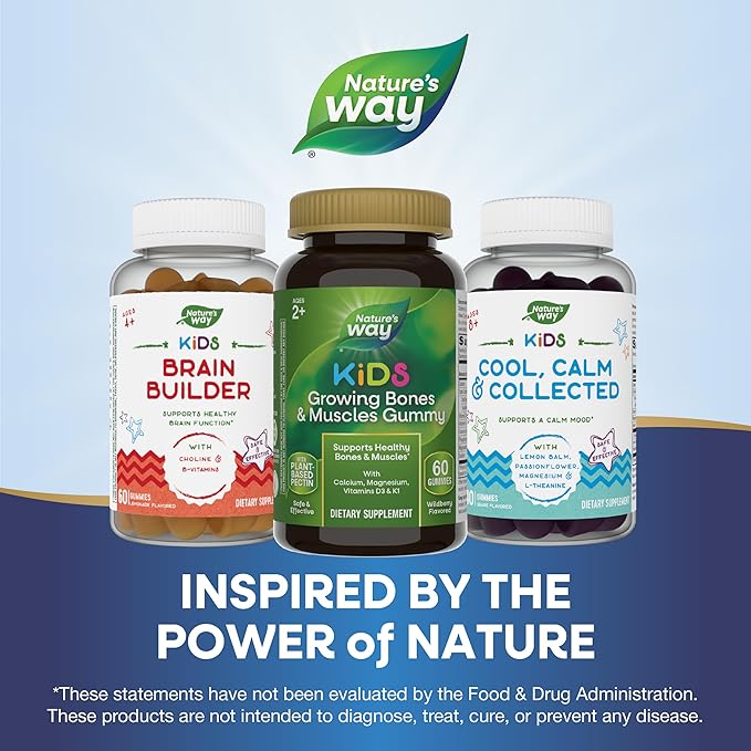 Nature's Way Kids Growing Bones & Muscles Gummy, Supports Healthy Bones & Muscles*, Calcium, Magnesium, Vitamins D3 & K1, Ages 2+, Wildberry, 60 Gummies