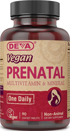 DEVA Vegan Prenatal Multivitamin and Mineral Supplement - Once-Per-Day Formula - Vitamins A, C, D, E, K, B Complex, with Folate & Chelated Iron - 90 Coated Tablets, 1-Pack