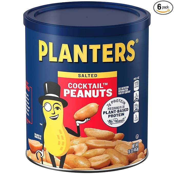 PLANTERS Salted Cocktail Peanuts, Plant-Based Protein, Bold & Savory Party Snacks, Peanut Snack, 16 Oz Jar (Pack of 6)
