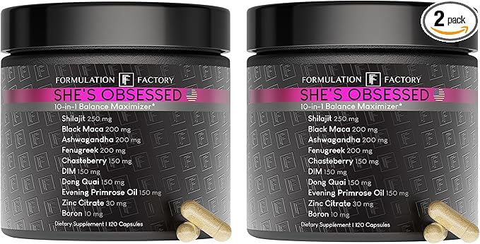 Formulation Factory She's Obsessed: 10-in-1 Hormone Balance Maximizer with Shilajit, Maca, Ashwagandha, DIM, Dong Quai, Zinc & More for Vitality & Balance 240 Count (Pack of 2)