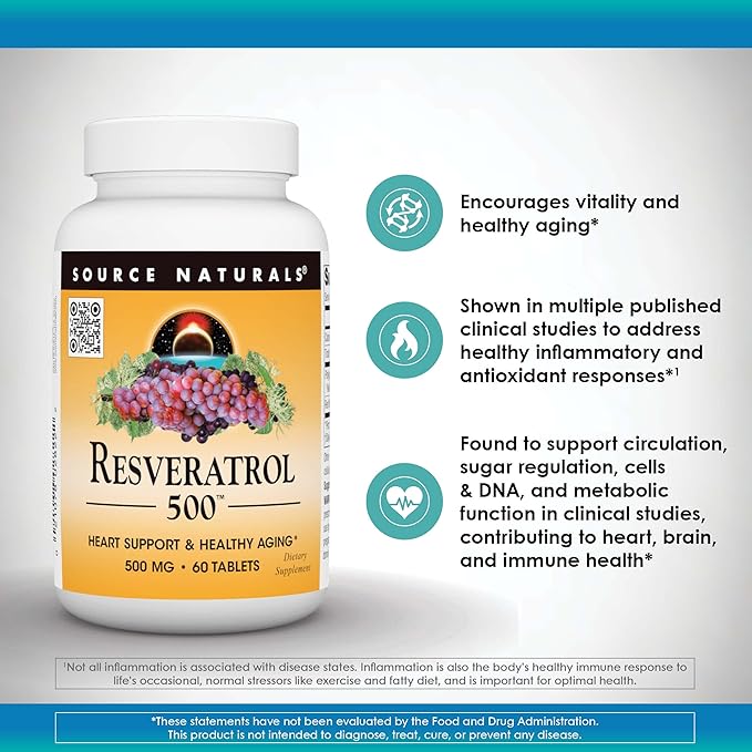 Source Naturals Resveratrol 500, Heart Support & Healthy Aging*, 500 mg - 120 Tablets