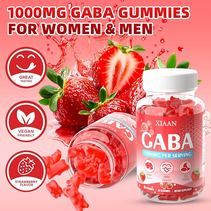 GABA Gummies 1000mg for Kids & Adults, Chewable GABA Supplements with L Theanine 5-HTP Ashwagandha Vitamins B6,B12,D3 for Calm & Zzz, Sugar-Free/Vegan, Strawberry Flavor 120 Count