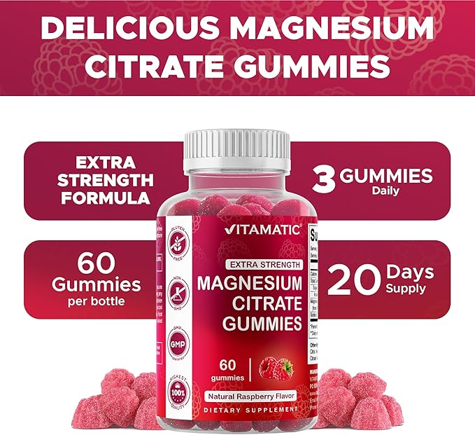 Vitamatic Extra Strength Magnesium Gummies – 255 mg Elemental Magnesium per Serving – 60 Gummies (2-Pack) Supports Relaxation, Muscle Function, Bone Health & Energy – Vegan, Non-GMO, Gluten-Free
