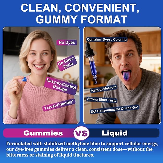 LILICARE Men's Methylene Blue Gummies 7mg, Methylene Blue for Humans Supplement w/NAC, VIT B3 & L-Theanine, Brain & Mitochondrial Support, Enhances Energy, Focus and Cognitive, Sugar Free, 60 Ct