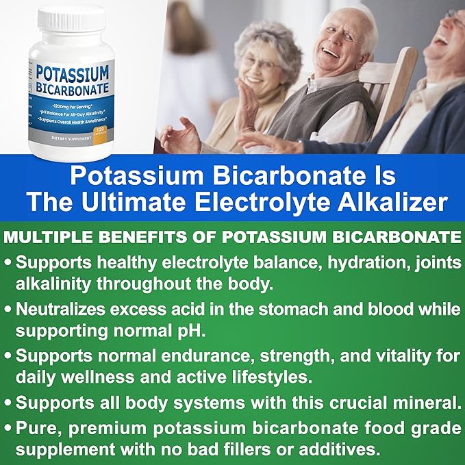 Pure Potassium Bicarbonate Supplement Capsules pH Balance Pills, High Potassium Electrolytes 1200mg Serv. USA Made Bicarbonate Food Grade, Acid-Alkaline Balance Immunity Endurance 120 caps