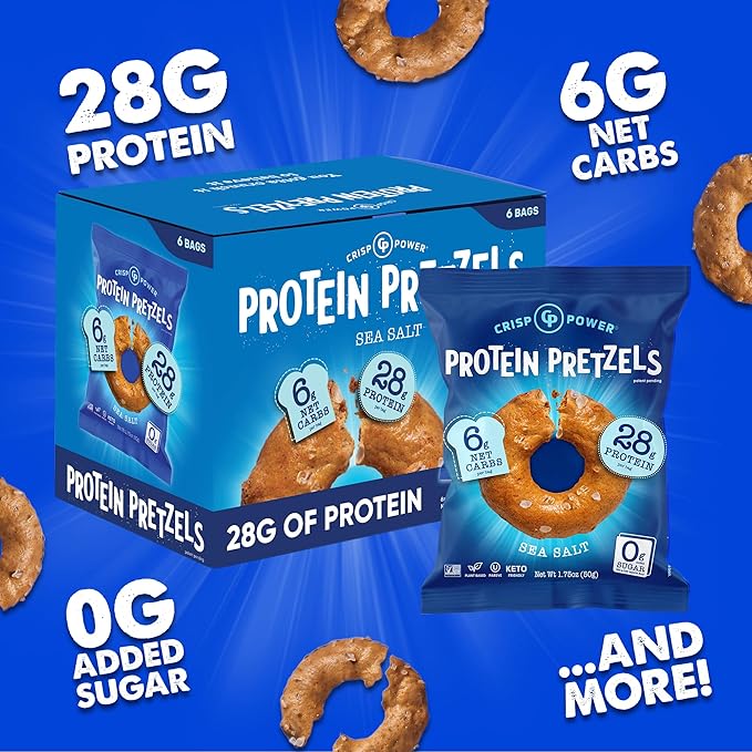 CRISP POWER Protein Pretzels, Sea Salt, 28G Protein, High Protein Snack, High Fiber, Low Carb Crunchy Pretzel Snacks, No Added Sugar, 1.75 oz Bags, 6 Pack, Vegan, Keto