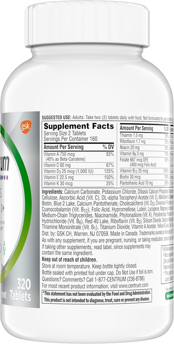 Centrum Minis Silver Multivitamin for Adults 50 Plus, Multimineral Supplement, Vitamin D3, B-Vitamins, Gluten Free, Non-GMO Ingredients, Supports Memory and Cognition in Older Adults - 320 Ct
