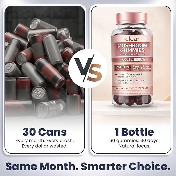 Clear Mushroom Gummies, Lions Mane, Reishi, Cordyceps, Chaga 10:1 Extract (Raspberry Flavor) - 2500mg 10 Mushroom Focus Gummies for Brain Health, Memory, Calm Energy, 3rd Party Tested