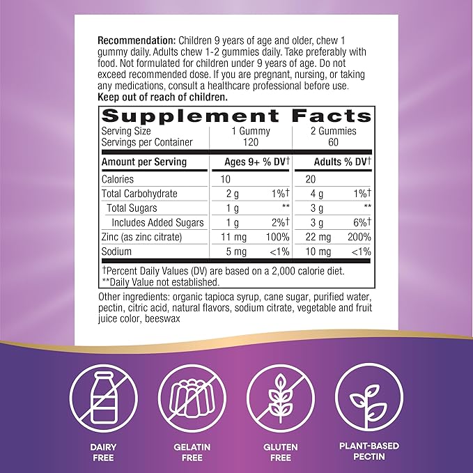 Nature's Way Zinc Gummies, Adult & Kids 9+ Immune Support Gummies*, 100% Daily Value per Serving, Mixed Berry Flavor, 120 Chews