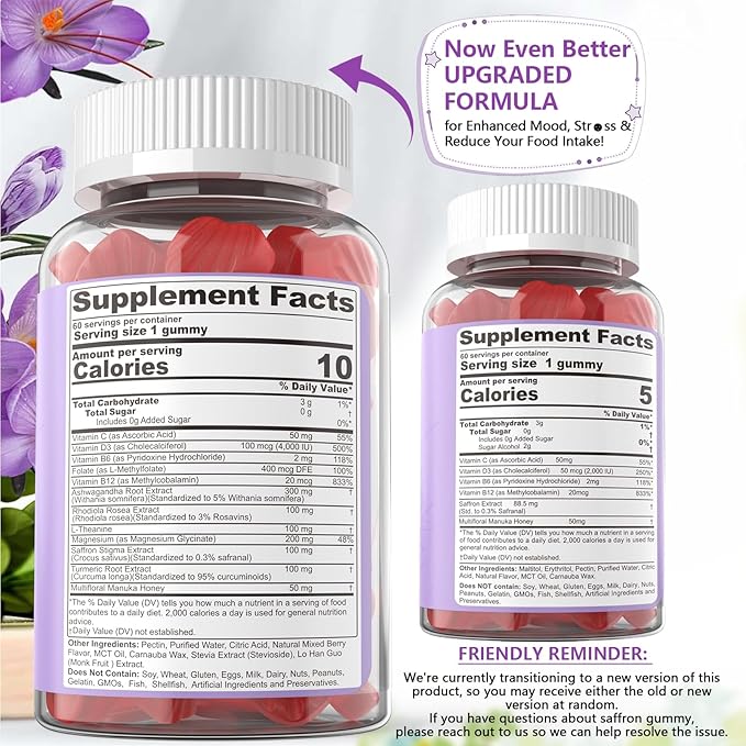 Saffron Supplements Gummies 100mg - 100% Pure Saffron Extract With Magnesium Glycinate, L-Theanine, Turmeric, Ashwagandha, Honey & Vitamin B Complex for Mood & Power, Antioxidant, Vitality - 120 Count