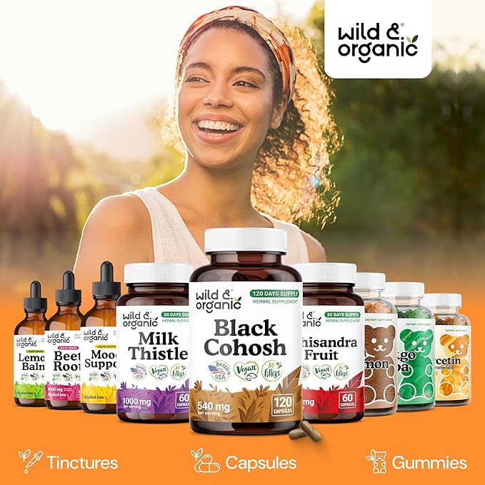 Wild & Organic Black Cohosh Capsules 540 mg - Menopause Supplements for Women - Black Cohosh Herb - 120 Days of Supply - Vegan, No Fillers, Non-GMO - 120 Count