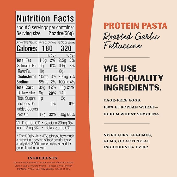 Al Dente Protein Pasta Egg & Roasted Garlic Fettuccine - 30g High Protein in 3.5oz Serving, Lower Carb. Cage-Free Eggs & Semolina. (Previously Carba-Nada, Packaging May Vary) - 10oz Bags (Pack of 6)
