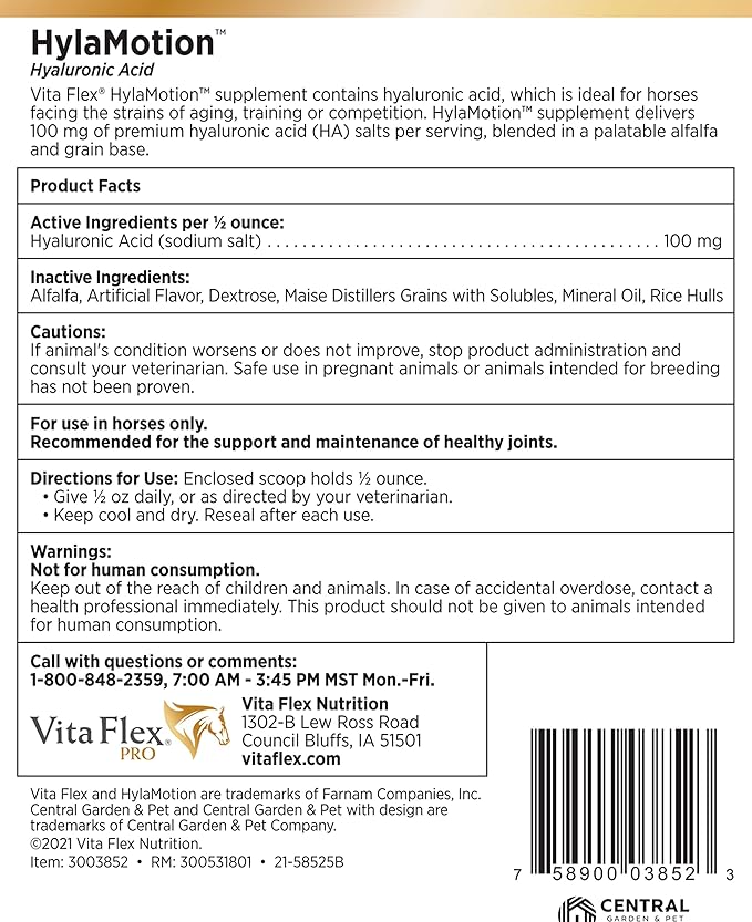 Vita Flex Pro Hylamotion Hyaluronic Acid Horse Joint Supplement; Ideal for Aging, Training or Competition Horses, 2.5 Pounds