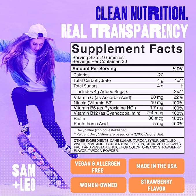 SAM+LEO Vitamin B Complex Gummies with Biotin for Kids & Teens - Caffeine-Free Focus & Energy Support Supplement Gummies | Vegan & Gluten Free Supplement - Strawberry Flavor (60 Count)
