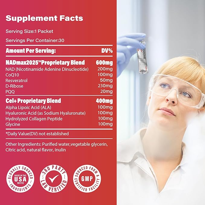 zooone NAD+ 1000mg Liquid Packets Supplement - Premium Nicotinamide Riboside & Resveratrol for Cellular Energy,Advanced NAD Booster for Men & Women (30 Pocket)