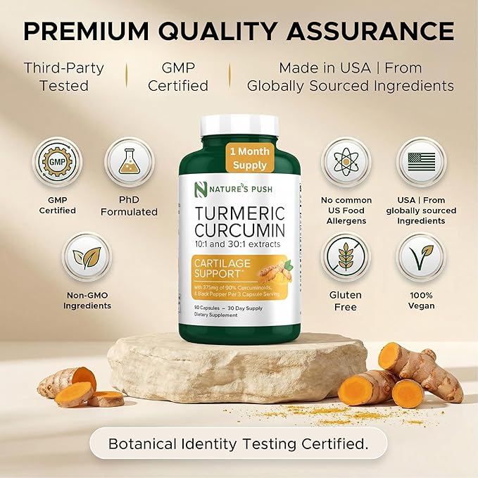 Nature's Push Turmeric Curcumin Super Potent 30:1 Extract 375mg 90% Curcuminoids, 1,350mg Turmeric Root 10:1 Plus Black Pepper for Healthy Inflammation Support Non-GMO Gluten Free Vegan USA 90 Caps